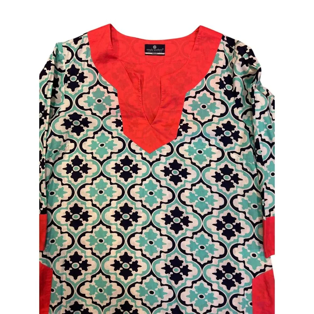 SIMPLY SOUTHERN COLLECTION Cotton Tunic Flower Top Shirt Aqua Medallion Medium
